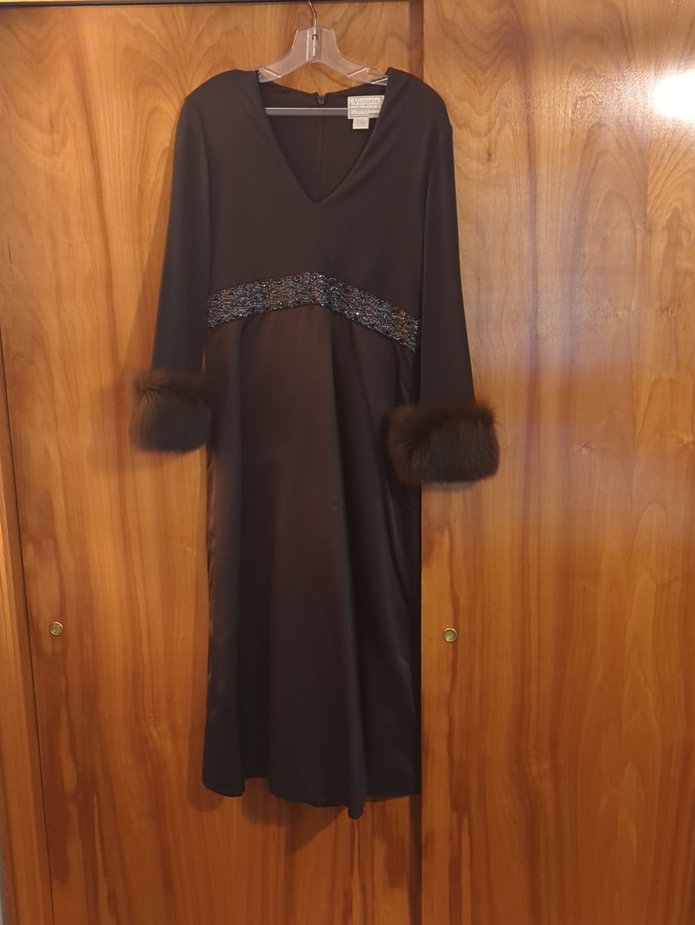 Victoria RoyalCollection Chocolate Brown Long Sleeve V-Neck Dress with Fur Cuffs